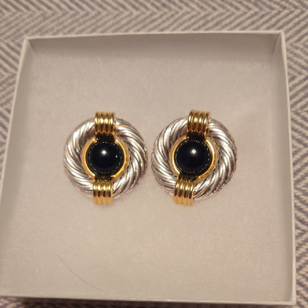 Chic Gold and Silver Earrings with Black Cabachon Pierced